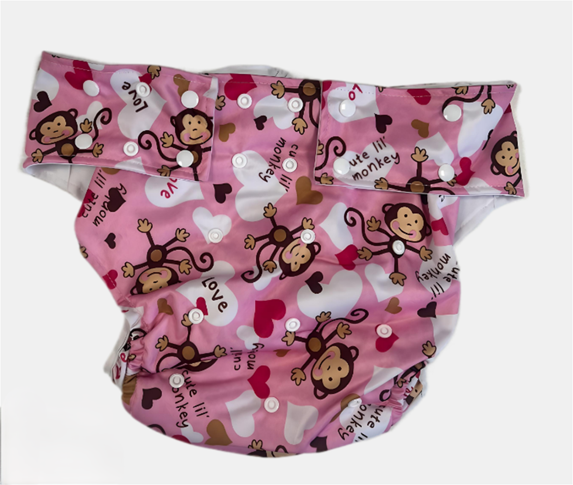 One Size Adult Pocket Nappy - Buttons - Pink Monkey
