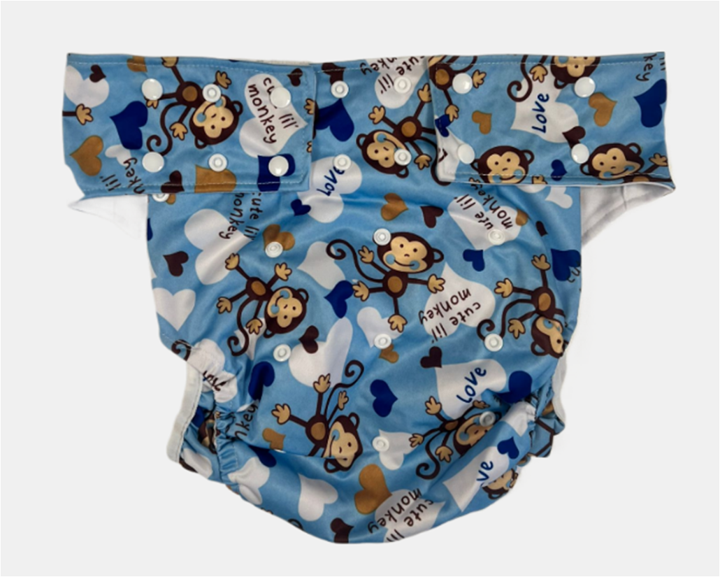 One Size Adult Pocket Nappy - Buttons - Blue Monkey